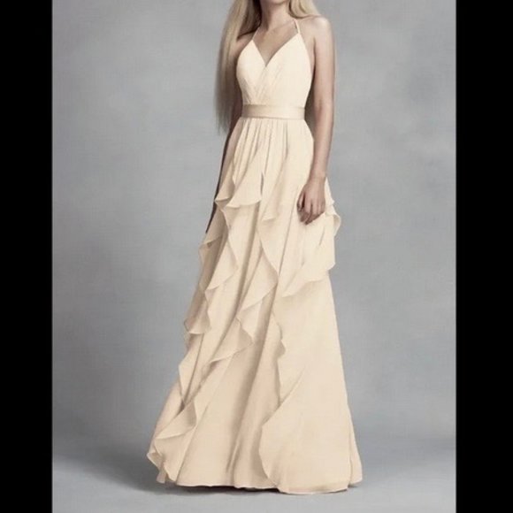 NEW Vera Wang White Label Chiffon Bridal Gown Cascading Champagne Size 6 NWT - Picture 1 of 4